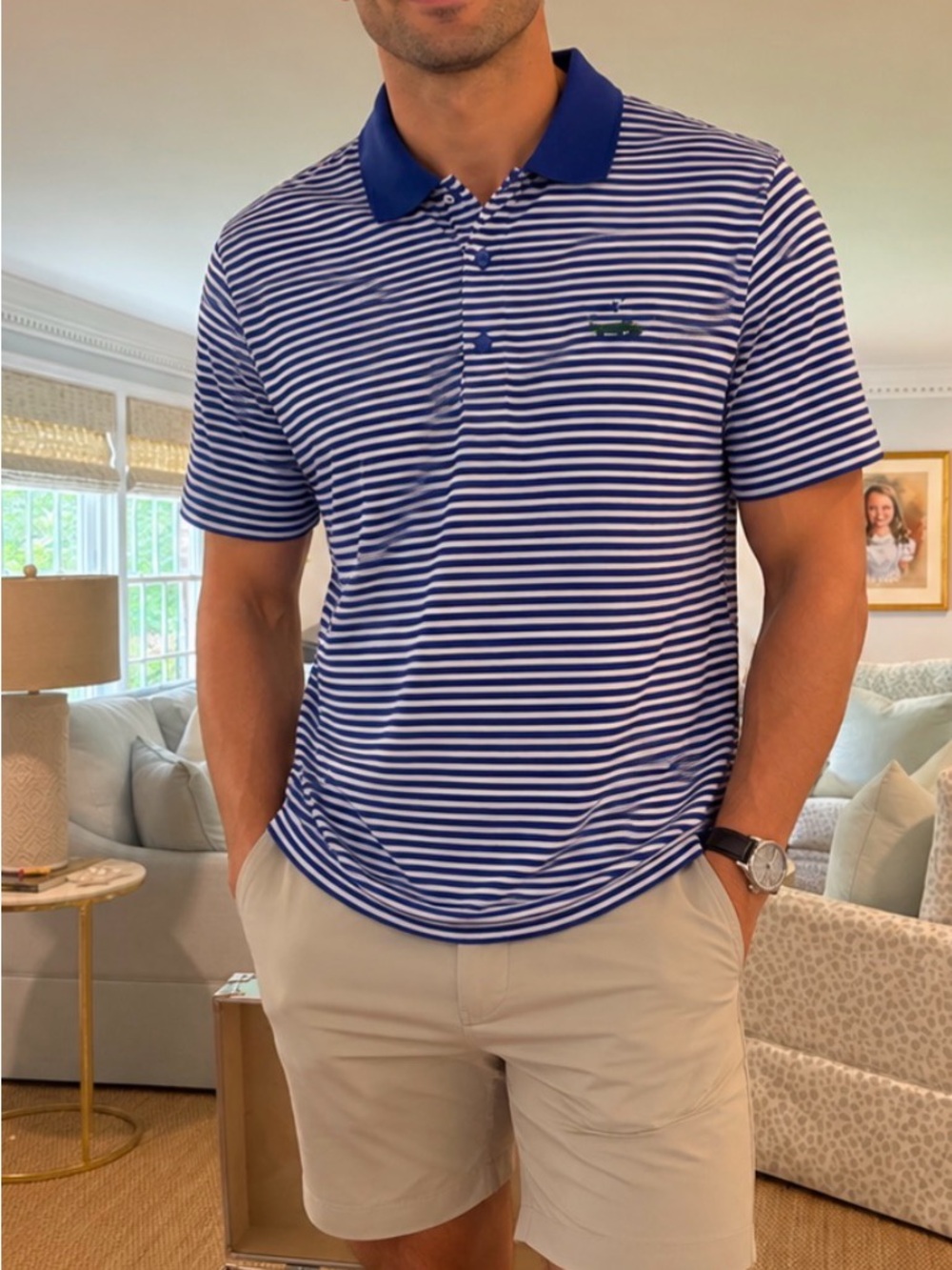 Men's Blue and White Striped Polo Shirt  (stains are not real, just lighting)